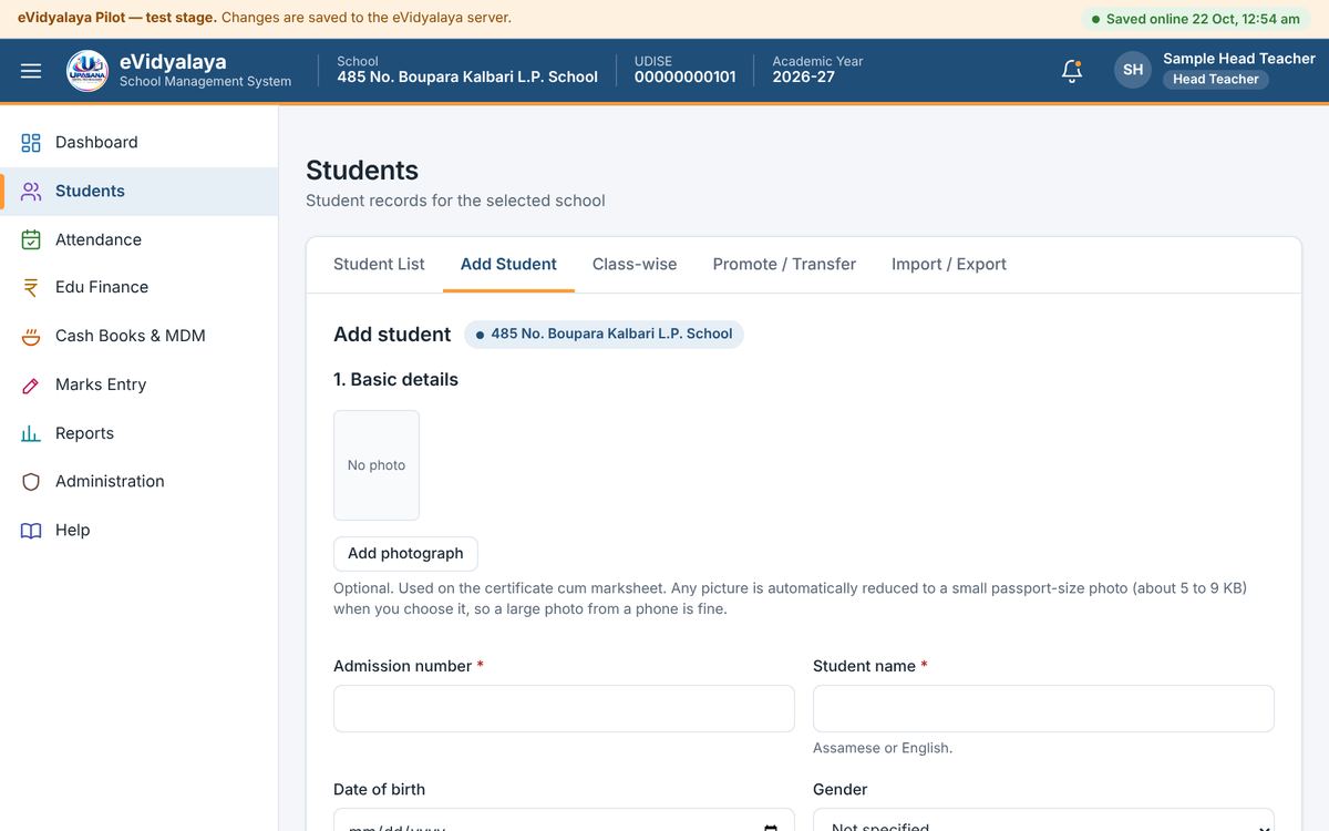 Add Student form