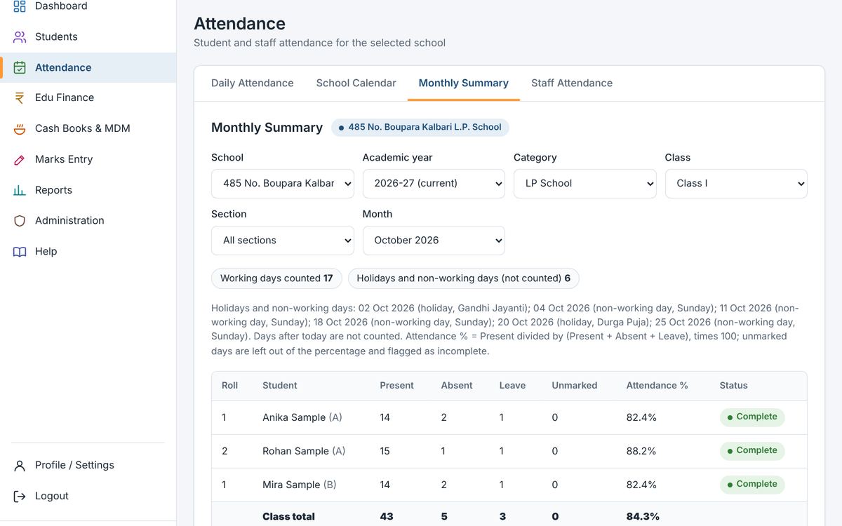 Monthly attendance summary