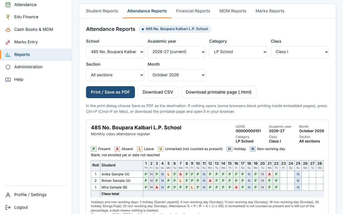 Monthly attendance register